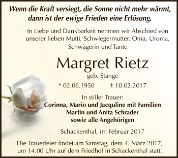 Traueranzeige von Margret Rietz von Super Sonntag SGH Mansf. Land