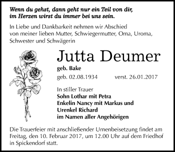 Traueranzeige von Jutta Deumer von Mitteldeutsche Zeitung Halle/Saalkreis
