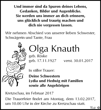 Traueranzeige von Olga Knauth von Mitteldeutsche Zeitung Zeitz