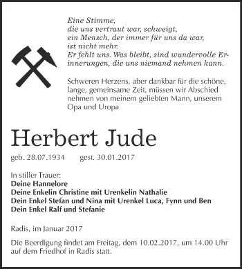 Traueranzeige von Herbert Jude von Super Sonntag Wittenberg