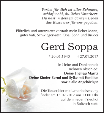 Traueranzeige von Gerd Soppa von Mitteldeutsche Zeitung Bitterfeld