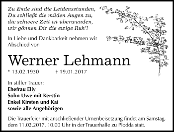 Traueranzeige von Werner Lehmann von Mitteldeutsche Zeitung Bitterfeld