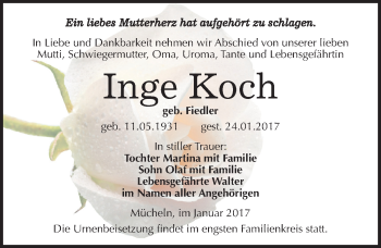 Traueranzeige von Inge Koch von Mitteldeutsche Zeitung Merseburg/Querfurt