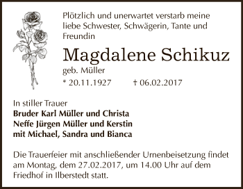 Traueranzeige von Magdalene Schikuz von Super Sonntag Bernburg