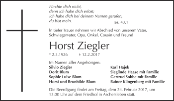 Traueranzeige von Horst Ziegler von Super Sonntag SGH Mansf. Land