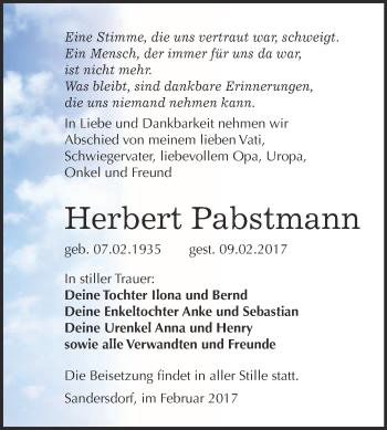 Traueranzeige von Herbert Pabstmann von WVG - Wochenspiegel Bitterfeld