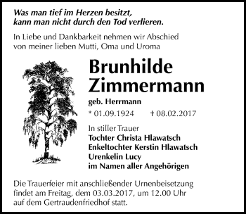 Traueranzeige von Brunhilde Zimmermann von Mitteldeutsche Zeitung Halle/Saalkreis