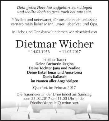 Traueranzeige von Dietmar Wicher von Super Sonntag Halle