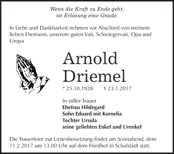 Traueranzeige von Arnold Driemel von Super Sonntag Halle