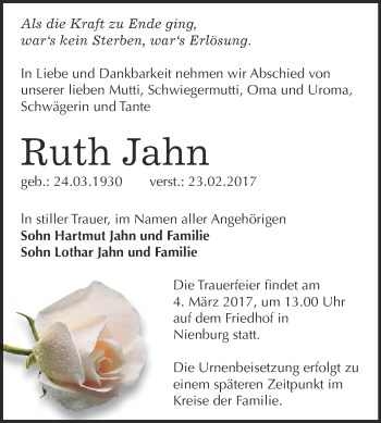 Traueranzeige von Ruth Jahn von Super Sonntag Bernburg