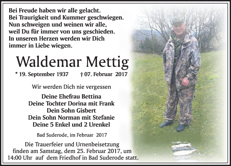  Traueranzeige für Waldemar Mettig vom 18.02.2017 aus Mitteldeutsche Zeitung Quedlinburg