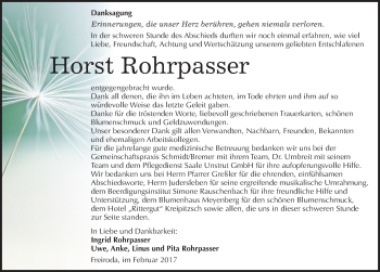 Traueranzeige von Horst Rohrpasser von Mitteldeutsche Zeitung Naumburg/Nebra