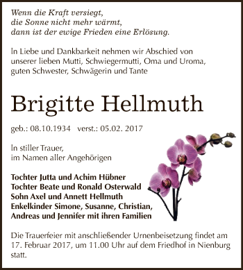 Traueranzeige von Brigitte Hellmuth von Super Sonntag Bernburg