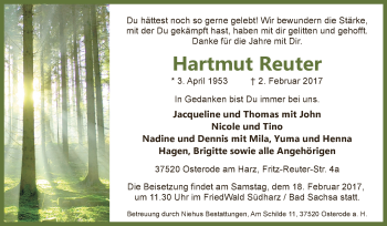 Traueranzeige von Hartmut Reuter von Super Sonntag SGH Mansf. Land