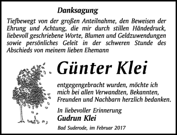 Traueranzeige von Günter Klei von Mitteldeutsche Zeitung Quedlinburg