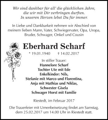 Traueranzeige von Eberhard Scharf von Super Sonntag SGH Mansf. Land