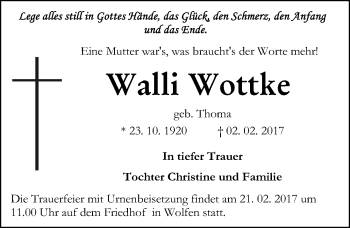 Traueranzeige von Walli Wottke von Mitteldeutsche Zeitung Bitterfeld