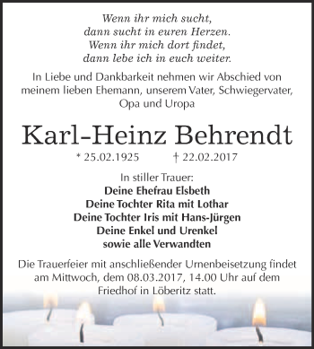 Traueranzeige von Karl-Heinz Behrendt von WVG - Wochenspiegel Bitterfeld