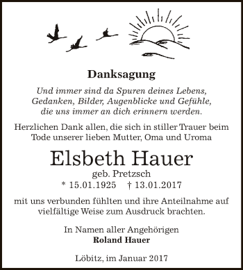 Traueranzeige von Elsbeth Hauer von WVG - Wochenspiegel NMB / WSF / ZTZ