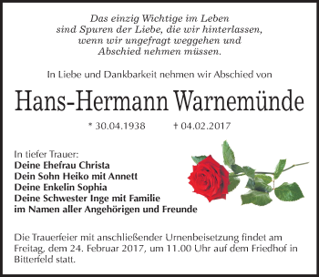 Traueranzeige von Hans-Hermann Warnemünde von Mitteldeutsche Zeitung Bitterfeld