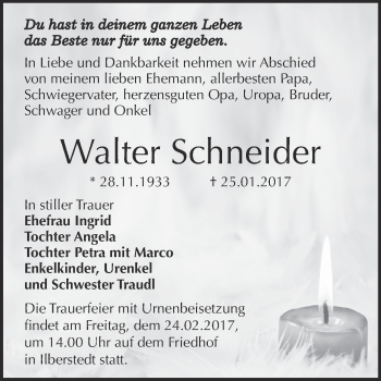 Traueranzeige von Walter Schneider von Super Sonntag Bernburg