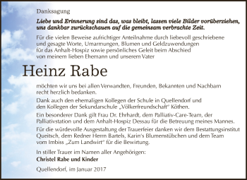 Traueranzeige von Heinz Rabe von WVG - Wochenspiegel Dessau / Köthen