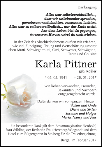Traueranzeige von Karla Pittner von Super Sonntag SGH Mansf. Land