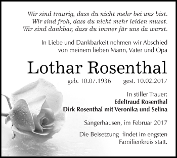 Traueranzeige von Lothar Rosenthal von Super Sonntag SGH Mansf. Land