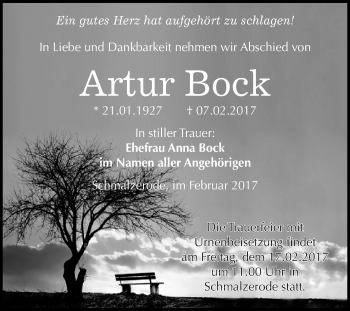 Traueranzeige von Artur Bock von Super Sonntag SGH Mansf. Land