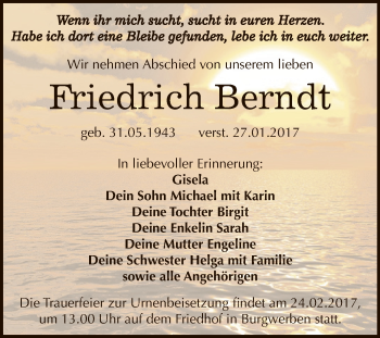 Traueranzeige von Friedrich Berndt von WVG - Wochenspiegel NMB / WSF / ZTZ