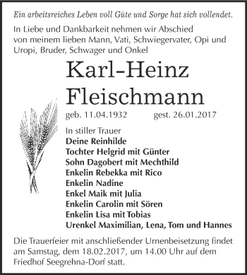 Traueranzeige von Karl-Heinz Fleischmann von Super Sonntag Wittenberg