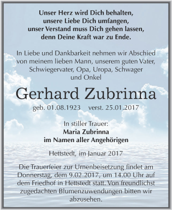 Traueranzeige von Gerhard Zubrinna von Super Sonntag SGH Mansf. Land