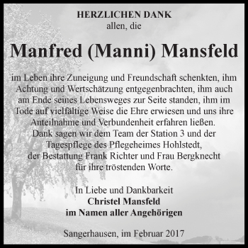 Traueranzeige von Manfred Mansfeld von Super Sonntag SGH Mansf. Land