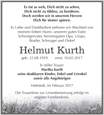 Traueranzeige von Helmut Kurth von Super Sonntag SGH Mansf. Land