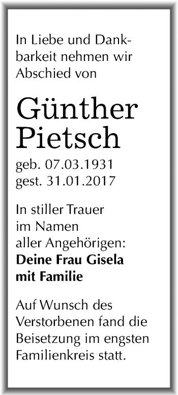 Traueranzeige von Günther Pietsch von Mitteldeutsche Zeitung Halle/Saalkreis