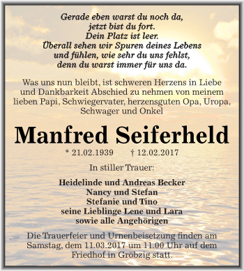 Traueranzeige von Manfred Seiferheld von WVG - Wochenspiegel Dessau / Köthen