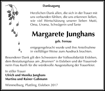 Traueranzeige von Margarete Junghans von Mitteldeutsche Zeitung Mansfelder Land
