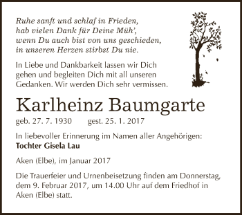 Traueranzeige von Karlheinz Baumgarte von WVG - Wochenspiegel Dessau / Köthen