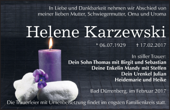 Traueranzeige von Helene Karzewski von Mitteldeutsche Zeitung Merseburg/Querfurt