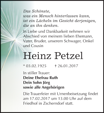 Traueranzeige von Heinz Petzel von Mitteldeutsche Zeitung Bitterfeld