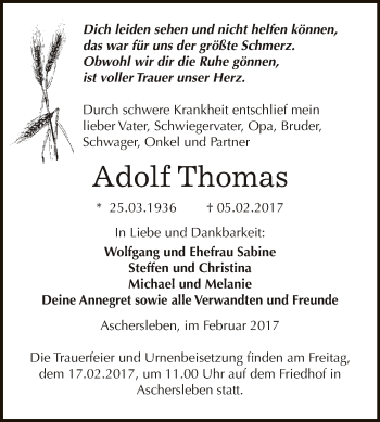 Traueranzeige von Adolf Thomas von Super Sonntag SGH Mansf. Land