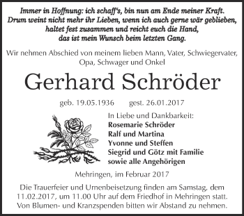 Traueranzeige von Gerhard Schröder von Super Sonntag SGH Mansf. Land