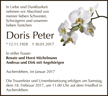 Traueranzeige von Doris Peter von Super Sonntag SGH Mansf. Land