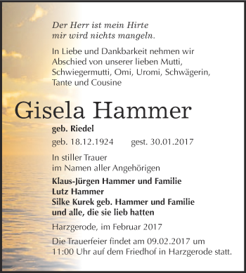 Traueranzeige von Gisela Hammer von Super Sonntag Quedlinburg