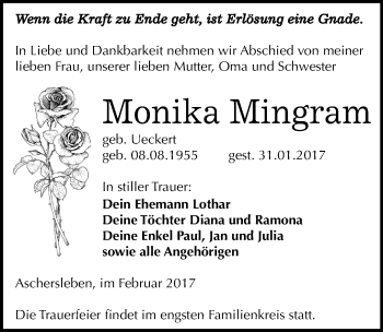 Traueranzeige von Monika Mingram von Mitteldeutsche Zeitung Aschersleben
