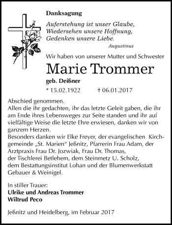 Traueranzeige von Marie Trommer von Mitteldeutsche Zeitung Bitterfeld