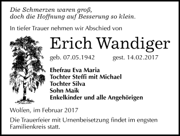 Traueranzeige von Erich Wandiger von Mitteldeutsche Zeitung Bitterfeld