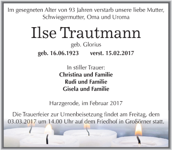 Traueranzeige von Ilse Trautmann von Mitteldeutsche Zeitung Mansfelder Land