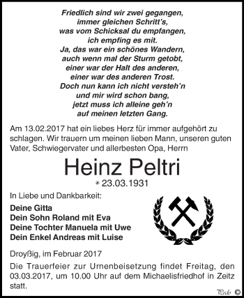 Traueranzeige von Heinz Peltri von Super Sonntag Zeitz