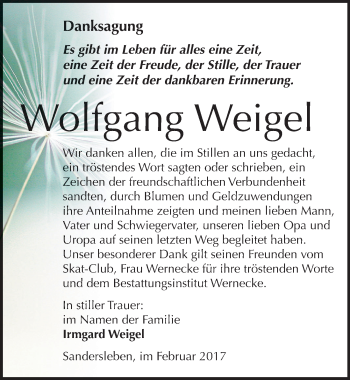 Traueranzeige von Wolfgang Weigel von Mitteldeutsche Zeitung Mansfelder Land